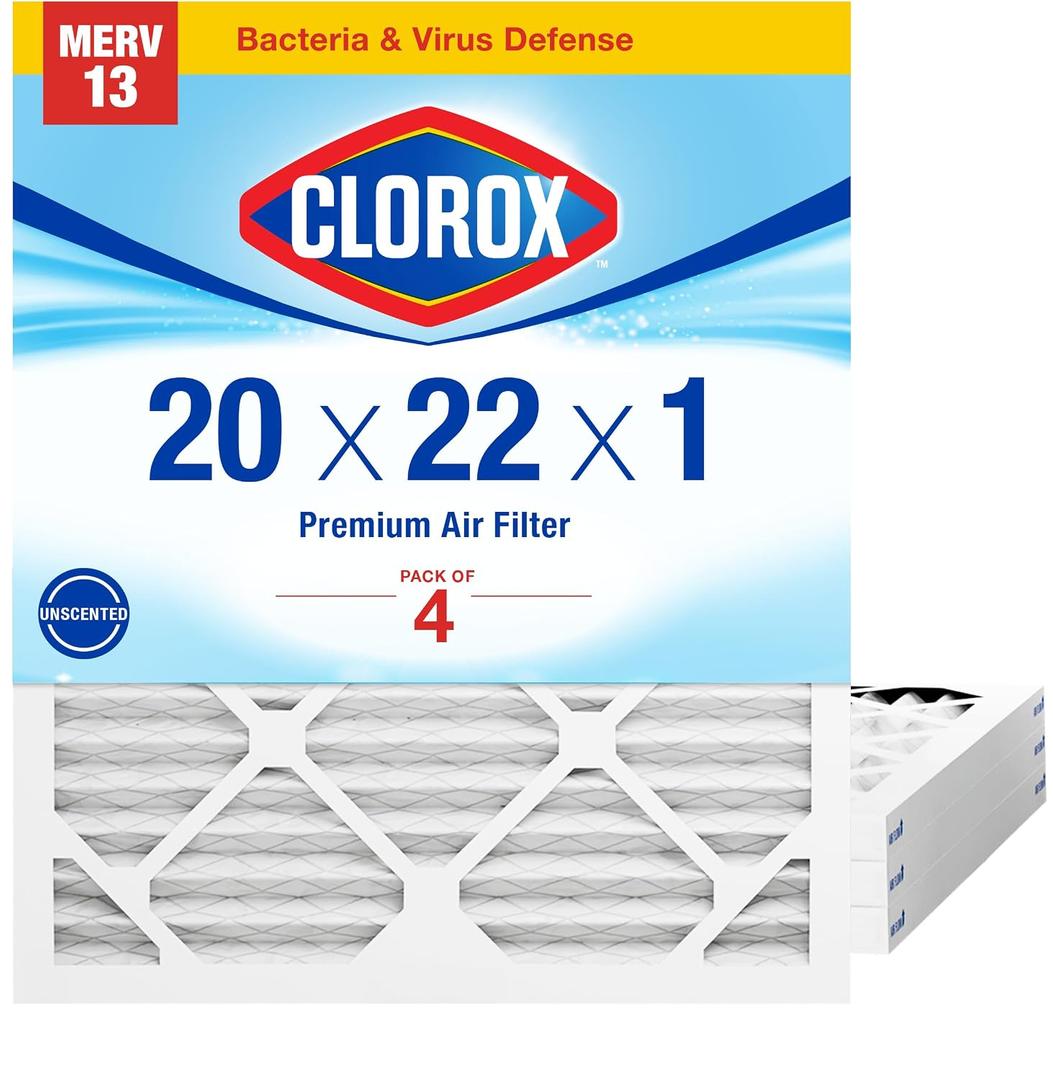 Clorox 20x22x1 Air Filter, MERV 13 Pleated HVAC AC Furnace Air Filters for Allergies, Pet Dander, Smoke and more, MPR 1500 & FPR 10 Pack of 4