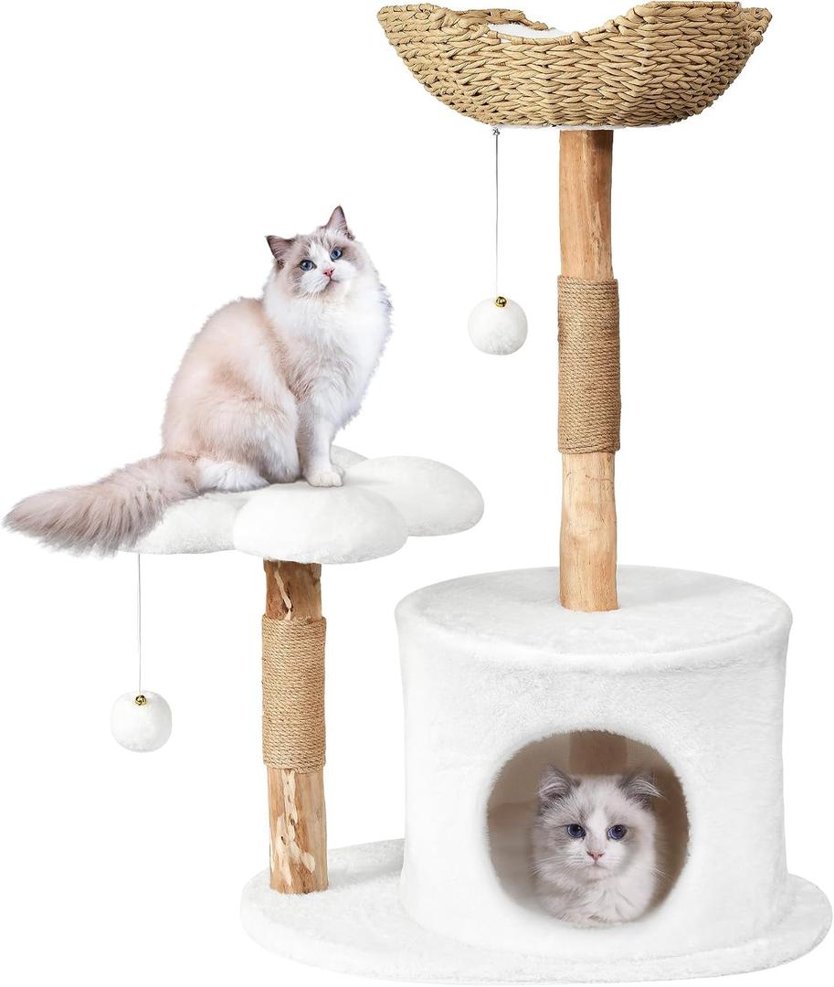 Easyego Modern Cat Tree, 36.6" Aesthetic Wood Cat Tree Tower for Large Cats, Luxury Cat Condo with Scratching Posts and Flower Platforms, Cat Furniture, White