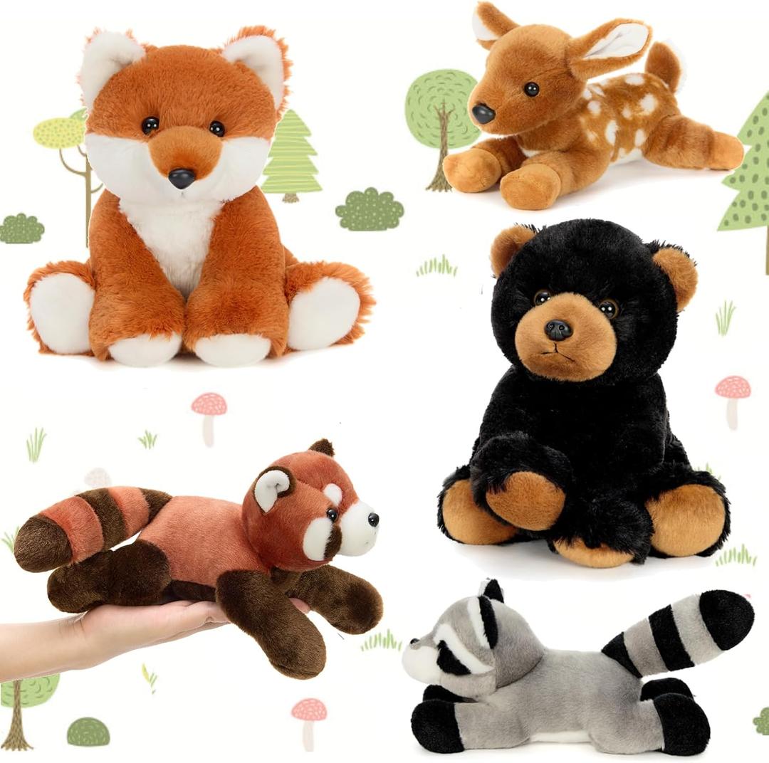 MaoGoLan 5 Pcs Soft Woodland Stuffed Animals Bulk Plush Toys for Girls Kids, 8'' Grizzly Bear Deer Fox Raccoon Red Panda Forest Animal Plushies Set Theme Party Favors Decorations Gifts Christmas