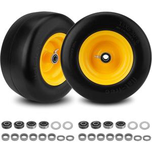 2PCS 13x6.50-6 Flat Free Tire and Wheel with 1/2" & 3/4" & 5/8" Precision Bearings and 4"-7.4" Centered Hub, Front Zero-Turn Smooth Tire Replacement for Riding Lawn Mowers Garden Tractor-Yellow
