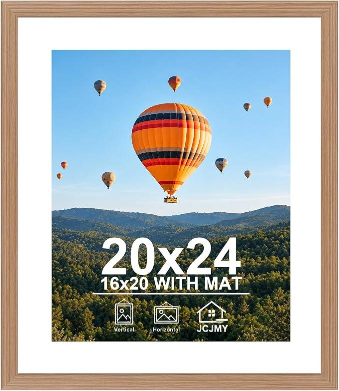 JCJMY 20x24 Picture Frame with 16x20 Mat, Display Photo 16x20 with Mat or 20 x 24 Without Mat, Wall Hanging Large 20 by 24 Poster Frame with Plexiglass, Rustic Brown