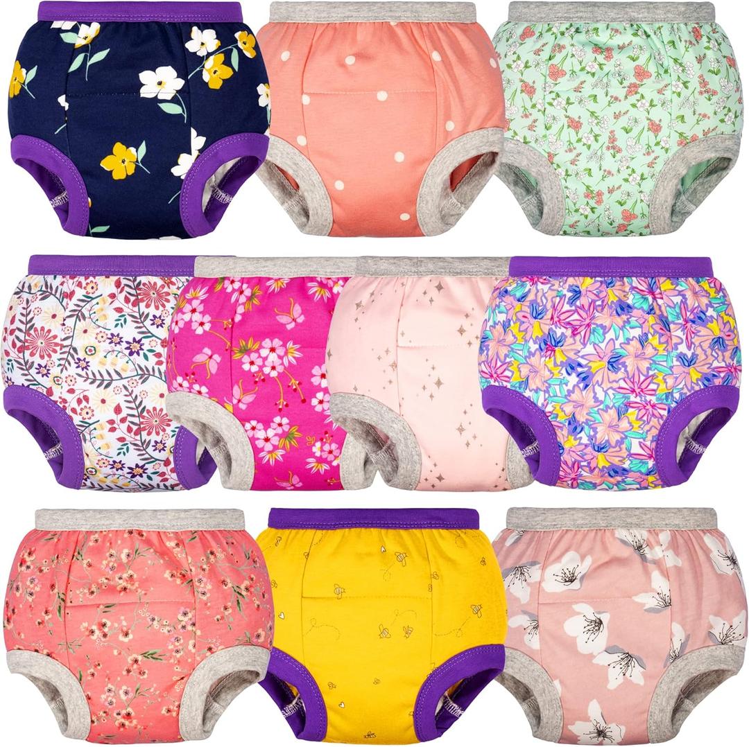 BIG ELEPHANT Potty Training Underwear - 10 Pack, 100% Cotton Absorbent Unisex Toddler Pee Pants for Boys Girls (2T, Pink Flowers)