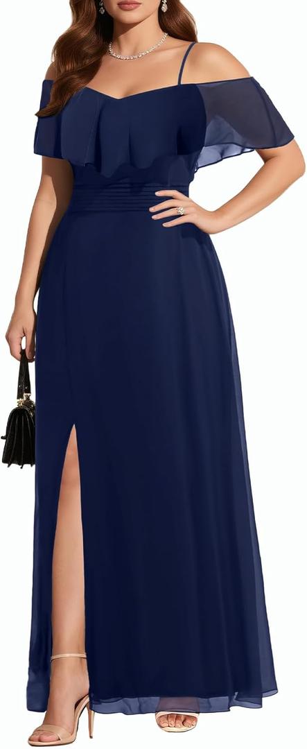 Pinup Fashion Women Plus Size Bridesmaid Dresses - Off The Shoulder Formal Wedding Guest Bridal Shower Long Dress (Navy Blue) 16 Plus