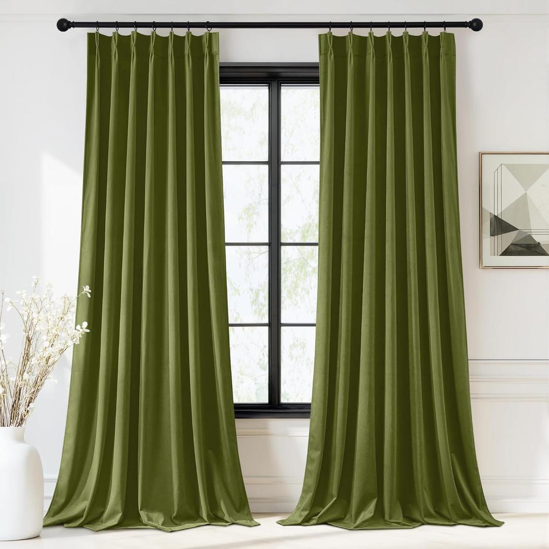 StangH Olive Green Pinch Pleat Velvet Curtains, Super Soft Room Darkening Bedroom Curtains with Privacy Thermal Insulated Elegant Home Decor for Living Room Home Office, W40 x L96, 2 Panels