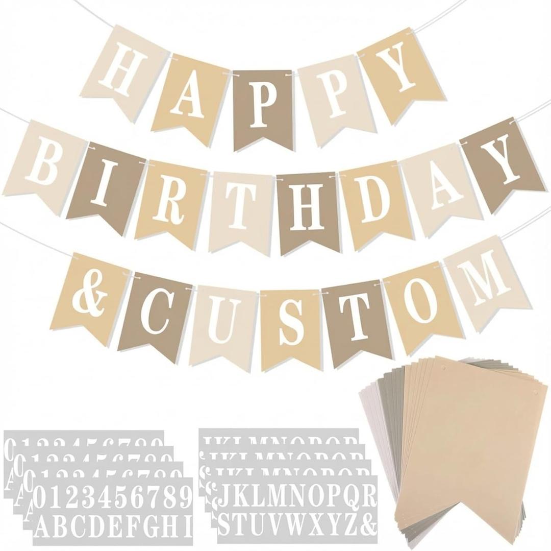 171 Pcs DIY Custom Banner Kit Make Your Own Customizable Sign for Birthday Wedding Party Decoration Include 20 Paper Pennant 148 Letters and Numbers 1 Rope 2 Threading Device(Beige) (Beige multiple colors)