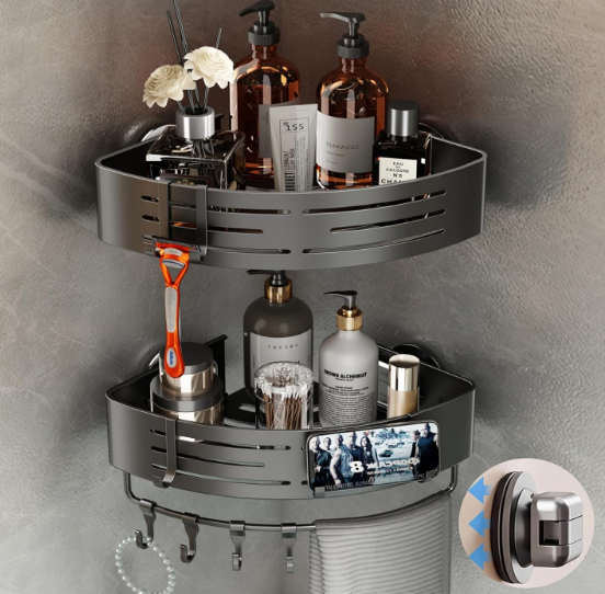 Voldra Corner Shower Caddy Suction Cup, 2 Pack Corner Shower Shelves No Drilling, Aluminum Upgrade Suction Cup Shower Organizer with Towel Bar & Hooks Removable Bathroom Storage Rack(Gray)