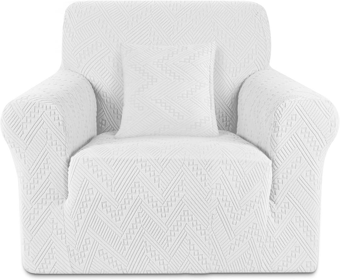 Ruaozz Stretch Chair Sofa Slipcover 1 Piece Chair Cover with Arms Non Slip Armchair Cover Soft Jacquard Furniture Protector with 1 pcs Throw Pillow Cover (1 Seater, Ivory)
