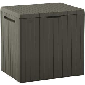 Keter City 30 Gallon Resin Outdoor Storage Box and Patio Furniture Side Table for Pool and Garden Accessories, Taupe