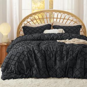 Bedsure Full Comforter Set - Black Comforter, Boho Tufted Distressed Vintage Bedding for Kids, 3 Pieces Farmhouse-Style Bed Set for All Seasons, Fluffy Soft Bedding with 2 Pillow Shams