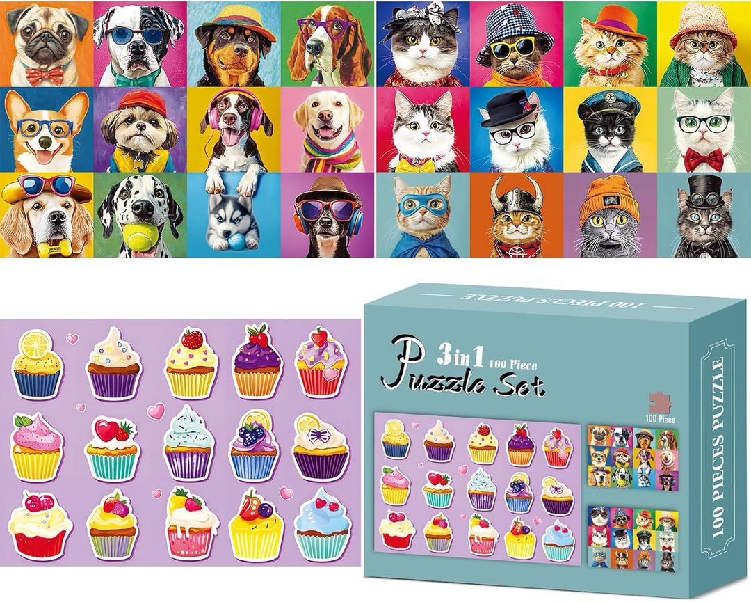 3-Pack 100 Piece Puzzles for Kids,Dogs Cats Cupcakes Puzzle for Kids Age 4-6 6-8 8-10,Unique Large Piece Animals Jigsaw Puzzle,Recycled Paper,Bright & Colorful Educational Puzzle Game,Boys Girls Gift