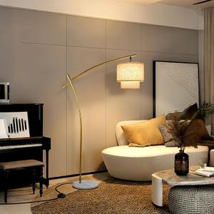 Lightdot Arc Floor Lamp for Living Room, Modern Standing Tall Lamps with Double Linen Shade, Tall Hanging Pole Lamp with Stable Base & Bulb Included for Bedroom/Sofa Beside/Corner Decor-Gold