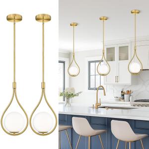 AUTELO 2 Pack Pendant Lights, Pendant Lights Kitchen Island in Brushed Gold Finish with Milky White Globe Glass, Gold Pendant Light Fixtures, Vintage Hanging Lights for Kitchen Island H9377 MGBG-2PK
