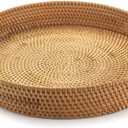 YANGQIHOME Rattan Round Serving Tray, Decorative Coffee Table Tray, Hand Woven Serving Basket with Handles, Ottoman Wicker Fruit/Bread Serving Basket, 13.8 inch (Natural)