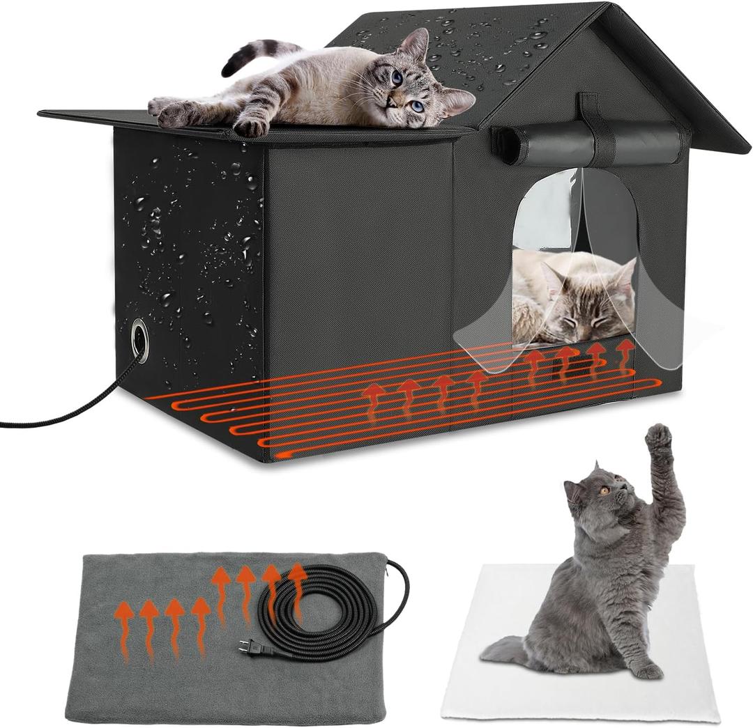 Large Heated Cat House for Outdoor Cats in Winter, Weatherproof Feral Cat Shelter with 2 Pads, Collaspable Insulated Cat Kennel Outside Stray Cat Hut for Wild Small Animal Rabbit
