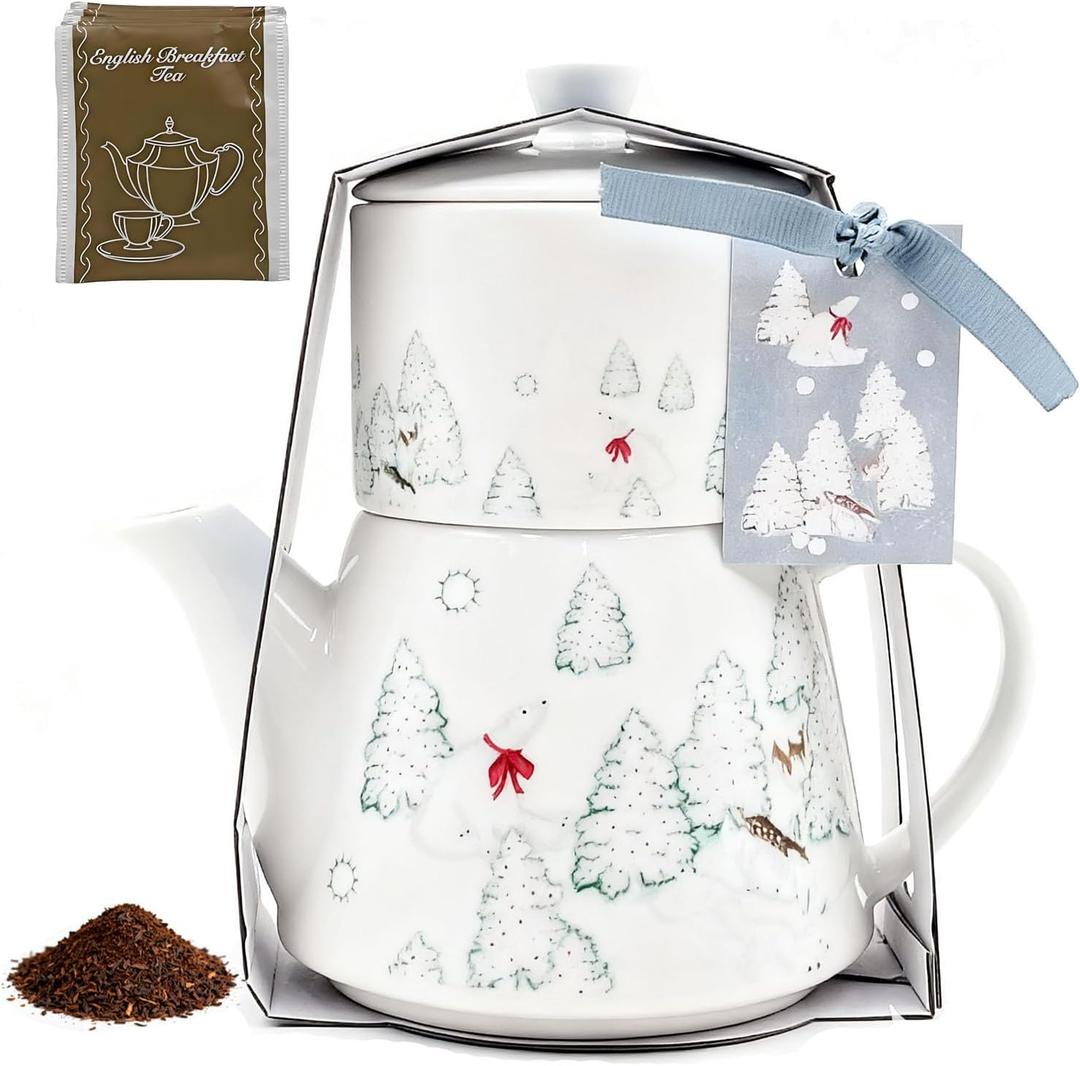 Porcelain Teapot Set Ceramic Tea Pot with English Breakfast Tea, 17OZ Christmas Tree Tea Kettle with Mug as Birthday & Valentine's Day Gifts Used for Home & Kitchen Decor (Black Tea)