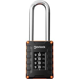 4 x 2.76 in Long Shackle Combination Lock | 4-Digit Padlock for Gym Locker, Cabinets, Toolboxes, Gates, Fences, Sheds | 1-Pack, Black/Orange