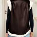 MakeMeChic Women's PU Leather Fuzzy Vest Open Front Sleeveless Pocket Warm Jacket