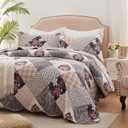 Full/Queen Size Quilt Set 3 Pieces Lightweight Reversible Bedspread-90''x98'' Soft Patchwork Floral Coverlet Luxurious Warm Microfiber Bed Cover All Seasons Gray Bedding Set(1 Quilt,2 Pillow Shams)