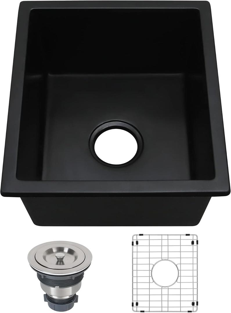 Black Bar Sink Undermount,15 X 17 inch Small Composite Bar Sink,Granite Kitchen & Bar Sinks (Black, 15" X 17")