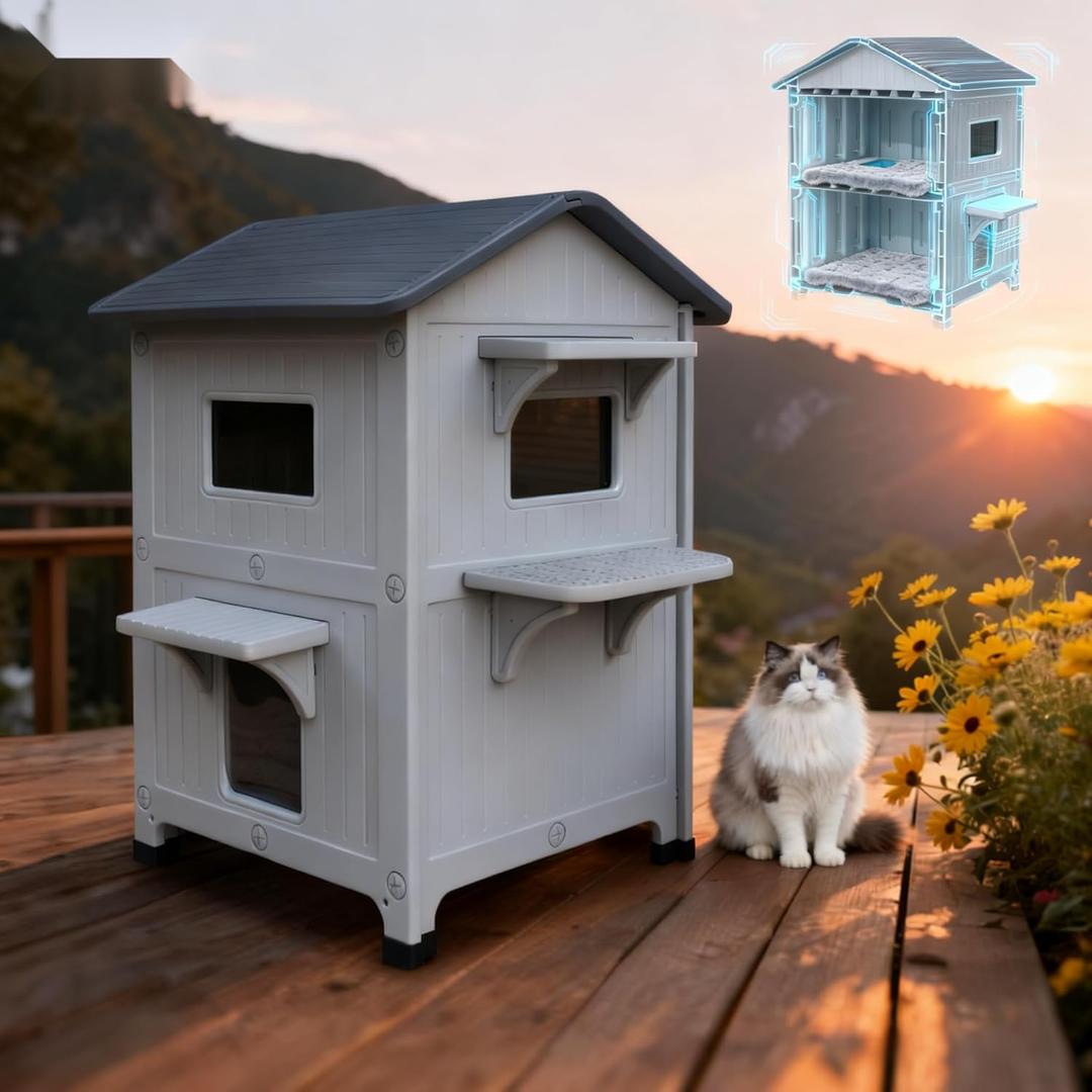 Weatherproof Outdoor Cat House with Mat for Feral Multi Cat, 2 Storey Plastic Insulated Elevated Cat Shelter with Escape Door, Easy Assemble, Expansive Interior Grey 34" D x 21" W x 21.5" H