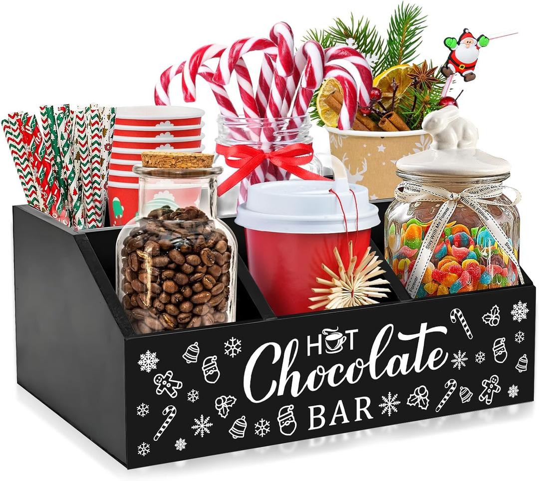 Christmas Hot Cocoa Bar Wood Coffee Station Organizer with 4 Compartment Double Layer Coffee Bar Holder Xmas Basket Organizer Bin for Home Kitchen Farmhouse Office Xmas Holiday Gift Party Supplies (Black)
