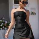 XXTAXN Women's Sexy Elegant Sleeveless Strapless A Line Ruched Cocktail Graduation Satin Mini Dress (Black, S)