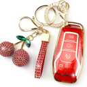 Sparkly Key Fob Cover with Cherry Keychain, Bling TPU Smart Key Case for Women, Compatible with Ford Fusion (Mondeo) Mustang F150 Edge Explorer,Lincoln MKZ MKC MKX (5-Button, Gold Red)