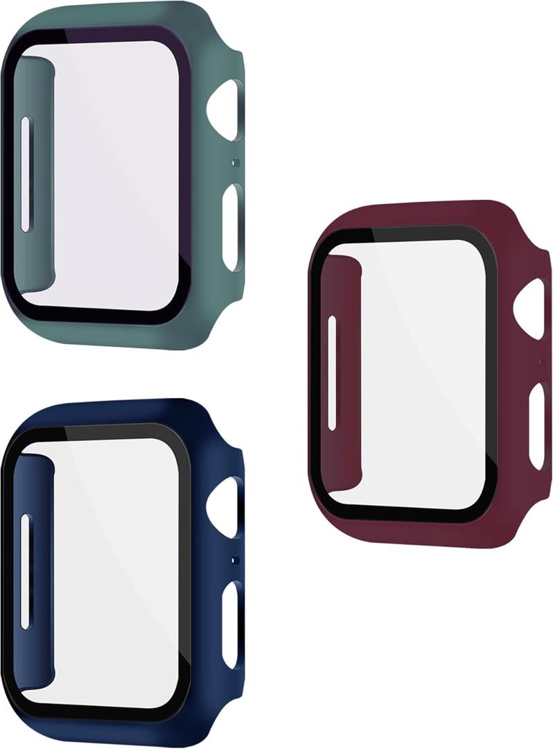 2 x 3 Pack Multi-Color Cases with Tempered Glass Screen Protector for Apple Watch Series 7/8/9 45mm, Navy Blue + Wine Red(Dark Red) + Pine Green, Smooth Touch, Easy Installation, Full Screen Shield, High Protection