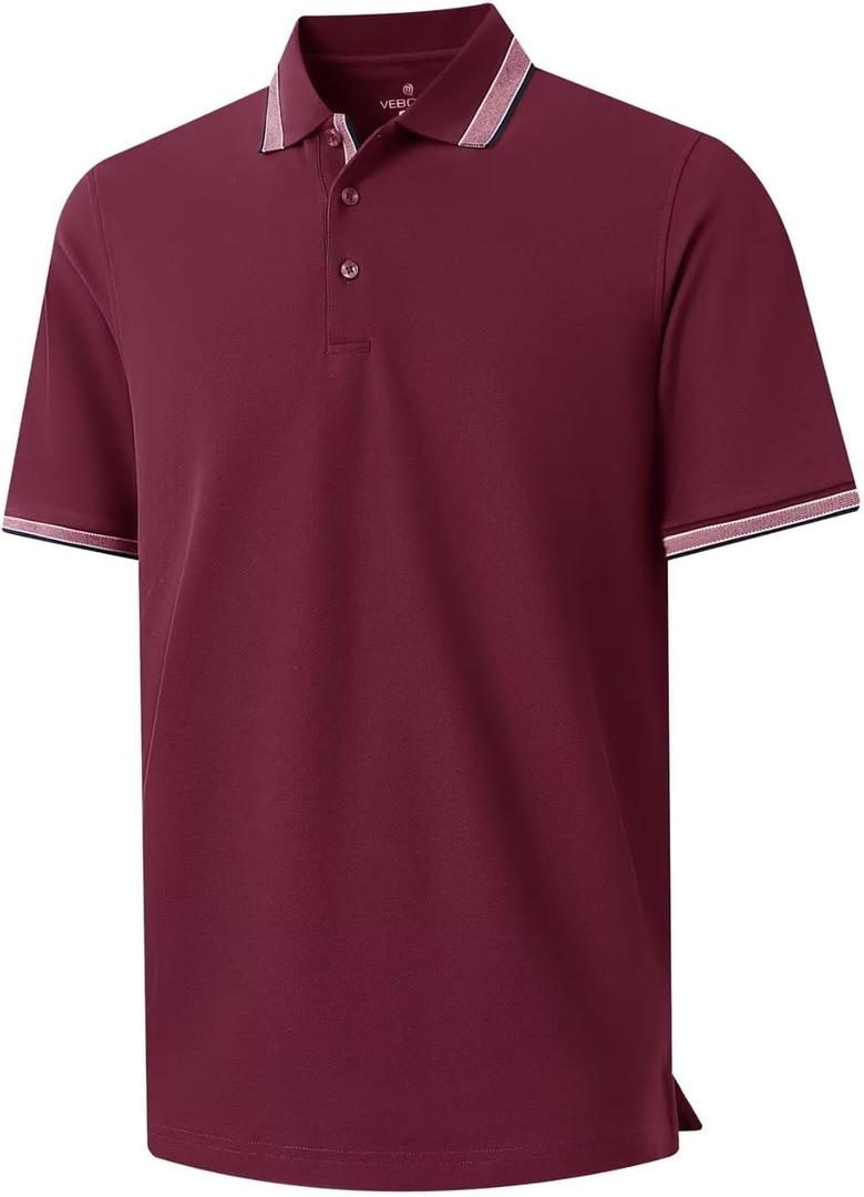 Men's Pique Polo Shirts Long Sleeve Cotton Blend Tipped Casual Collared Polo Shirts Business Classic Fit (XXL, Burgundy )