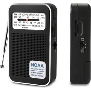 4 Bands AM FM SW NOAA Pocket Radio, Battery Powered Rechargeable Radio, Shortwave WB Radio with Stereo Earphone Jack, Speaker, Transistor Radios 2 AA Battery for Emergency, Hurricane, Walking, Home
