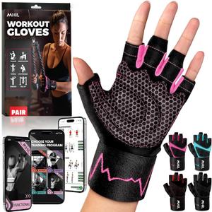 MhIL Workout Gloves for Women  Breathable Gym Gloves for Women with Palm Protection and Enhanced Grip  Padded Weight Lifting Glove for Womens with Wrist Wraps Support Weightlifting Exercise Cycling (S - XS: 6.3  7.4 / 16  19 cm, Pink)