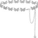 Waist Chain Belts Women Girls Metal Belly Link Adjustable Waist Belt for Jeans and Dress (S: 41.3 in, Silver Butterfly)