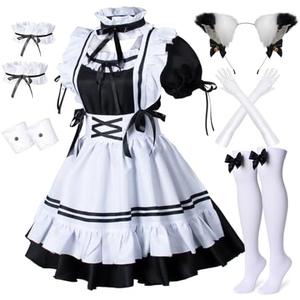 Wannsee Anime French Maid Apron Lolita Fancy Dress Cosplay Costume Furry Cat Ear Gloves Socks set(Plus size 5XL)