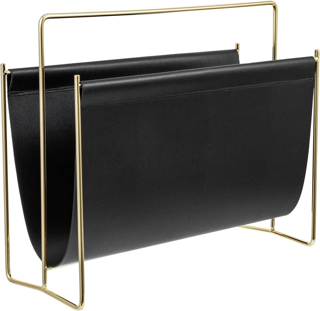 MyGift 15-Inch Modern Black Leatherette & Brass Plated Metal Magazine Holder Floor Standing Faux Leather Sling Style Newspaper Rack for Home, Bathroom, Office Decor