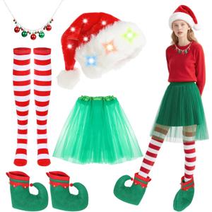 YEXEXINM 5 Pcs Women Christmas Elf Costume Set Christmas Tutu Skirt Santa Hat Long Striped Thigh High Socks Elf Shoes Covers and Jingle Bell Necklace Costumes Set for Women Xmas Party Cosplay