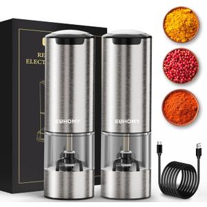 EUHOMY 2 Pack Electric Salt and Pepper Grinder Set USB Rechargeable with LED Light and BaseAdjustable Coarseness, Stainless Steel Automatic Salt Pepper Mill Grinder, One Handed Operation, Kitchen