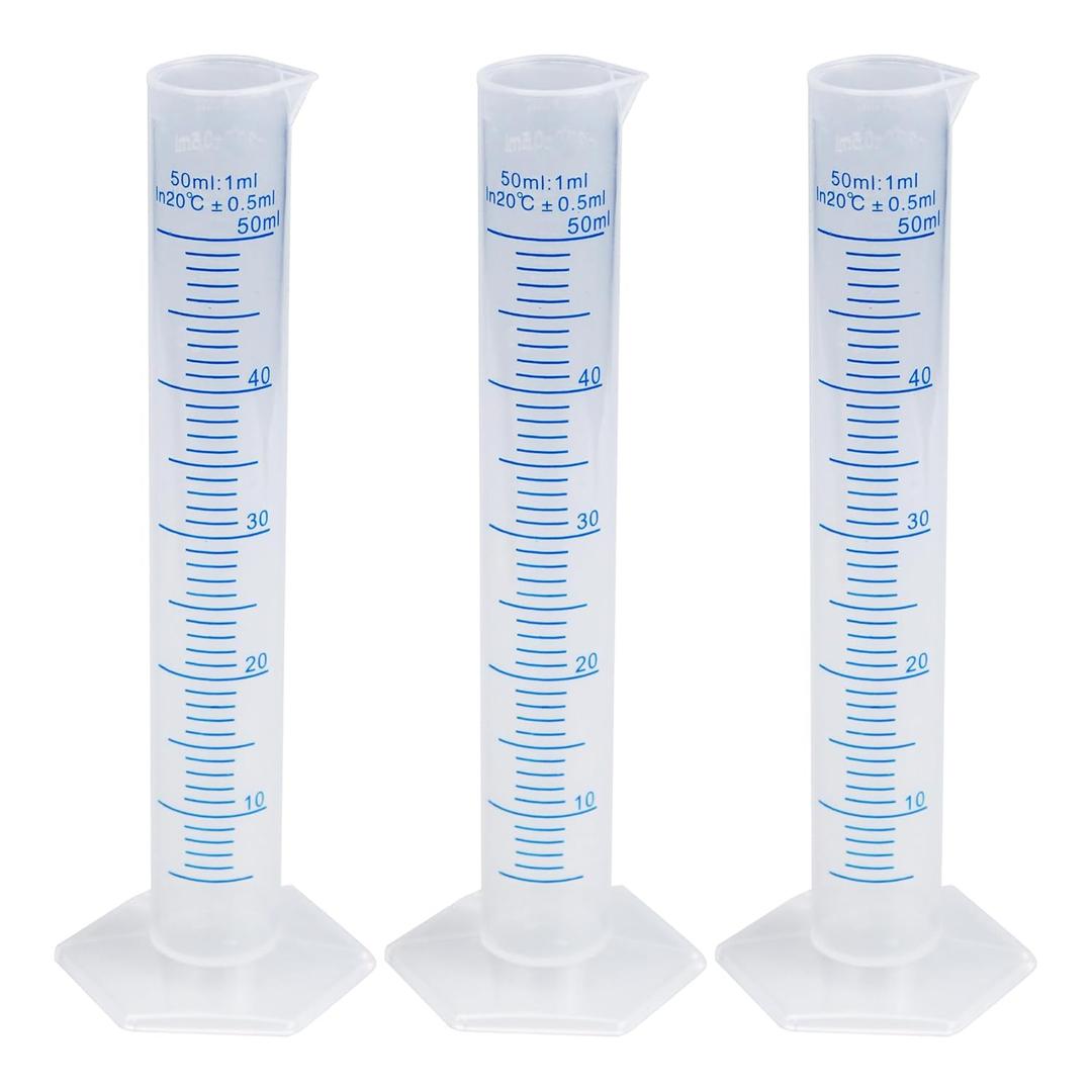 3PCS 50ml Measuring Cylinder, Plastic Transparent Graduated Cylinder, Science Test Tube Flask, 2-Sided Bule Measuring Lines Graduated Cylinder Beaker