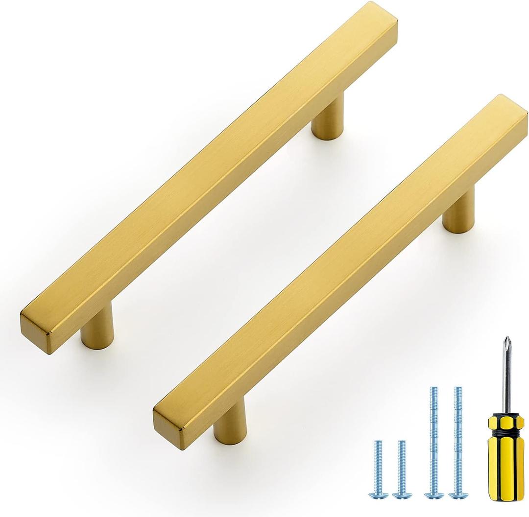 Ravinte 10 Pack Gold Cabinet Handles 4 Inch Brushed Brass Square Cabinet Pulls Gold Hardware for Kitchen Cabinets - 6-3/8 Inch Total Length