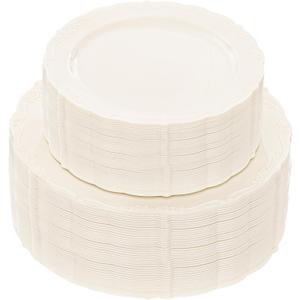 U-QE 100 Pieces Ivory Plastic Plates for Party - Ivory Disposable Plastic Plates - Heavy Duty Disposable Platos Including 50 Dinner 10.25 '' & 50 Dessert 7.5 '' for Weddings