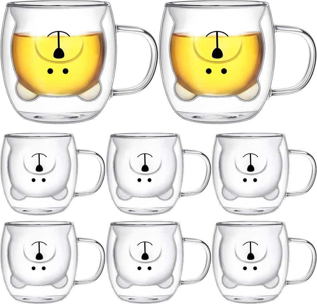 Eccliy 8 Pcs Cute Bear Mugs Bear Tea Cup 8.5 oz Double Wall Glass Honey Milk Coffee Mug with Handle Insulated Glass Espresso Cups Birthday Gift for Women Men Gift