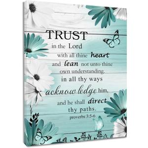 LB Farmhouse Teal Blue Floral Wall Art for Bathroom Bible Verse Canvas Wall Art Wall Paintings Home Decor Daisy Flower Butterfly Wall Pictures for Living Room Bedroom Office Ready To Hang,12x16 Inch
