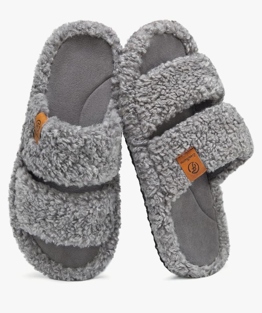 EverFoams Womens Fuzzy Open-toe Slippers Soft Comfy Memory Foam Indoor House Shoes, 9-10