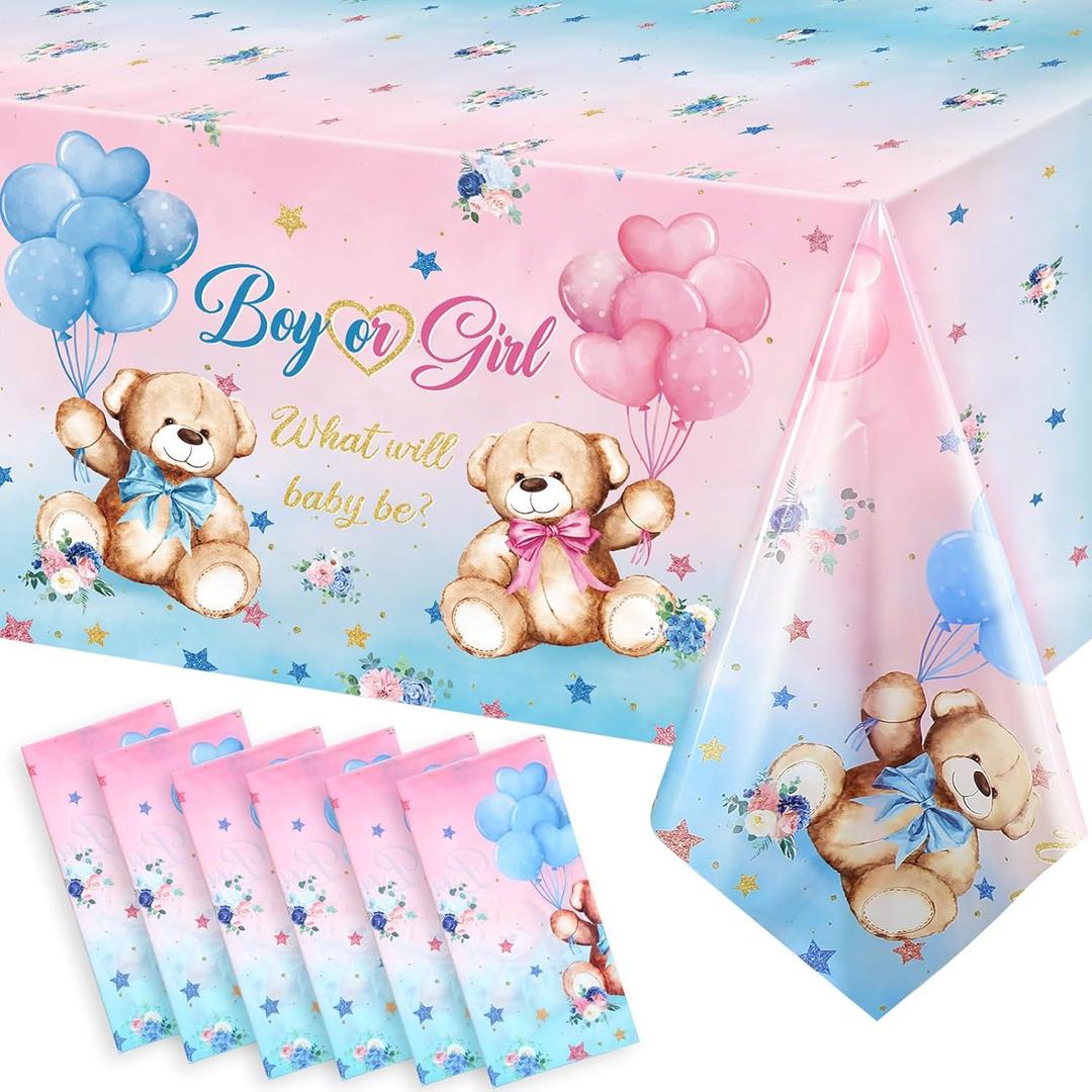 Capoda 6 Pcs Bear Baby Shower Tablecloths Gender Reveal Table Covers Rectangle Plastic Bear Table Cloths for Baby Shower Gender Reveal Party Decorations