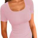 LOLONG Womens Short Sleeve Ribbed T Shirts Summer Casual Square Neck Lace Patchwork Tops (Pink)