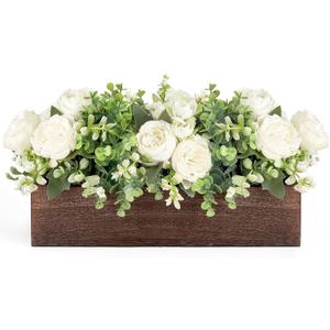Dahey Centerpiece Table Decorations for Dining Room Farmhouse Living Room Table Centerpieces Decor Wood Tray with 3 Artificial Flowers and 2 Eucalyptus for Kitchen Table, 14.1" x 4.7" x 3.1", White