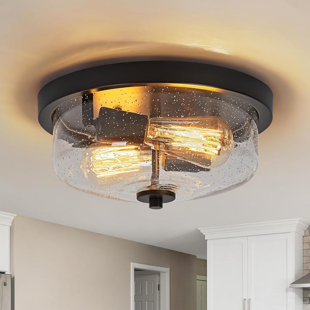 Black Flush Mount Ceiling Light Farmhouse Outdoor Porch Light Fixtures With Seeded Glass Shade, 2-Light for Kitchen Hallway Foyer