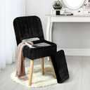 Vanity Stool Chair with Storage & Folding Back, Faux Rabbit Fur Soft Padded Seat Ottoman, 4 Solid Wood Legs Anti-Slip Feet, Small Stool for Vanity Desk for Makeuproom, Bedroom 15.7x12.5x28.7Black