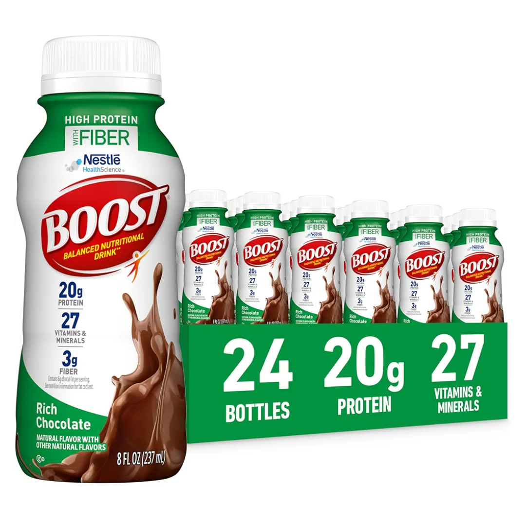BOOST High Protein with Fiber Ready to Drink Complete Nutritional Drink, Rich Chocolate, 8 fl oz Bottle, 24 Pack BBD: 04-13-27