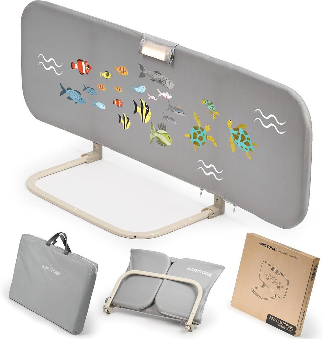 Toddler Bed Rail with Night Light - Foldable Bed Side Rails - Fits for Most Beds Bed Rails for Full Size Bed, Queen Size Rails, Twin Rails - Portable Fence for Baby - 48inch (Grey With Fish Image)