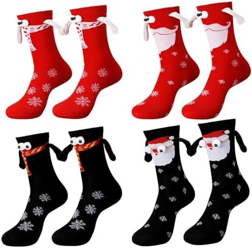 DragonflyDreams 4 Pairs Valentine's Day Holding Hands Socks-Unisex Mid-Tube,Funny Magnetic Suction 3D Doll Design for Christmas and New Year